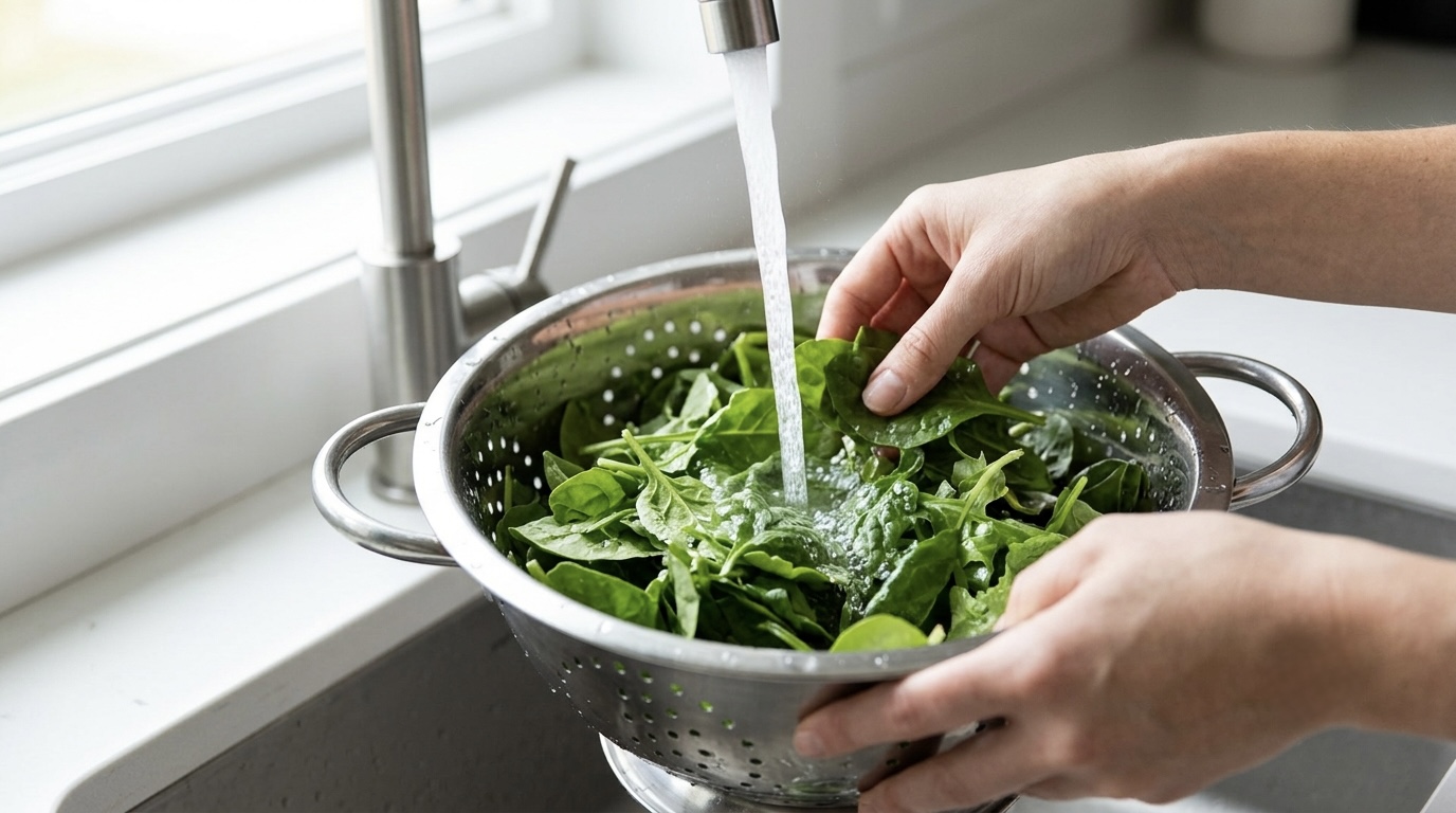 A bag of fresh leafy salad greens being rinsed under running water in a kitchen sink.