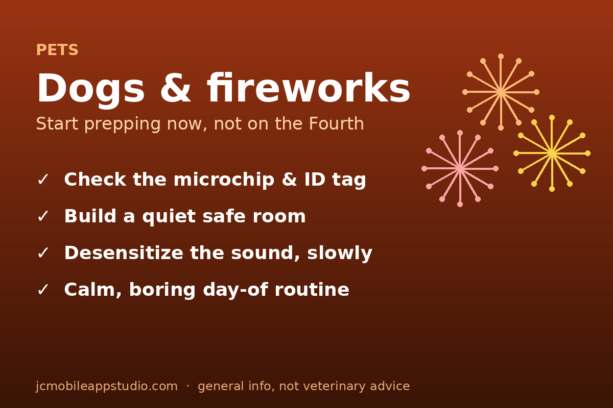 A calm illustration of two dogs resting in a cozy safe room with soft fireworks glowing in the window outside.