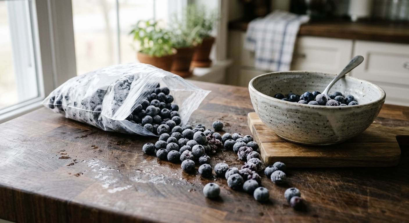 A bag of frozen blueberries spilling onto a kitchen counter next to a bowl, soft natural light.
