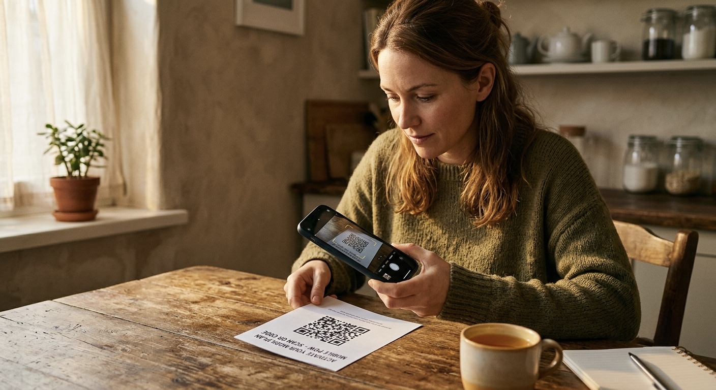 A realistic photo of a person scanning a QR code with their phone to activate a mobile plan, at a kitchen table, warm light, no brand logos.