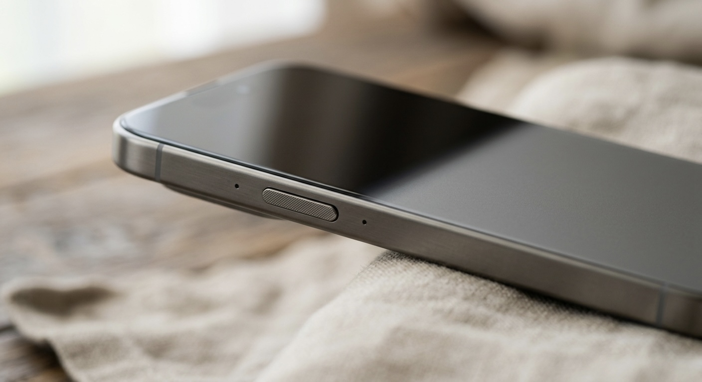 A close-up of a modern smartphone with no SIM tray on its edge, clean minimal design, no brand logos.