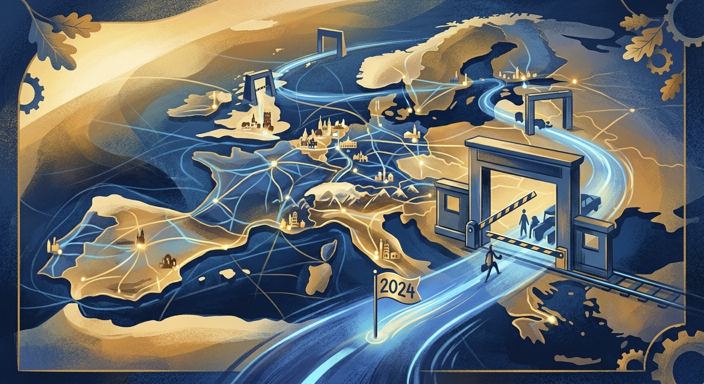 Editorial illustration of a glowing path of rule checkpoints and gates crossing an abstract map of Europe, with one gate sliding open to move a deadline marker further down the path, in calm blues and warm gold, no text.