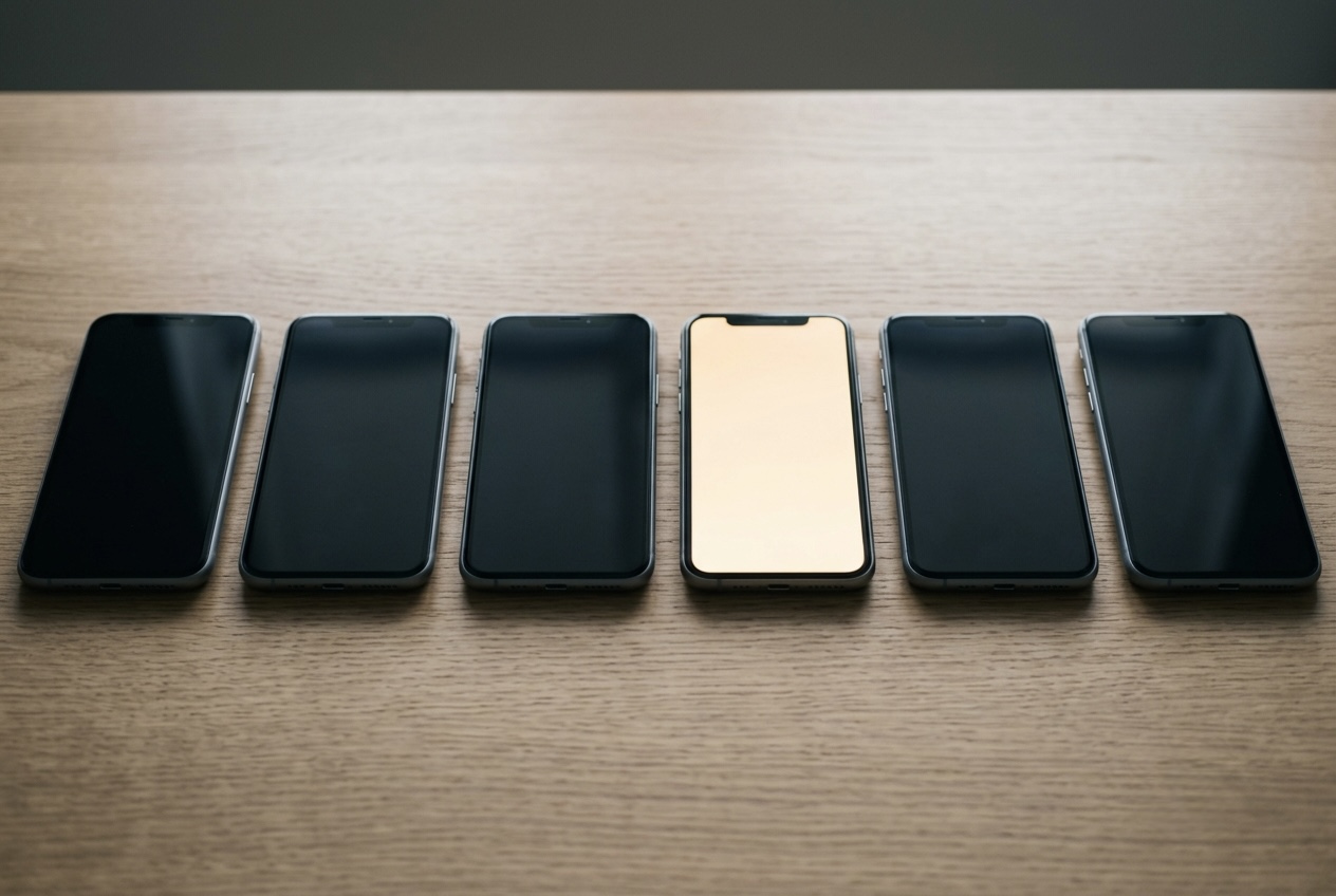A row of smartphones laid flat on a table, one lit warmly, minimalist product photography.