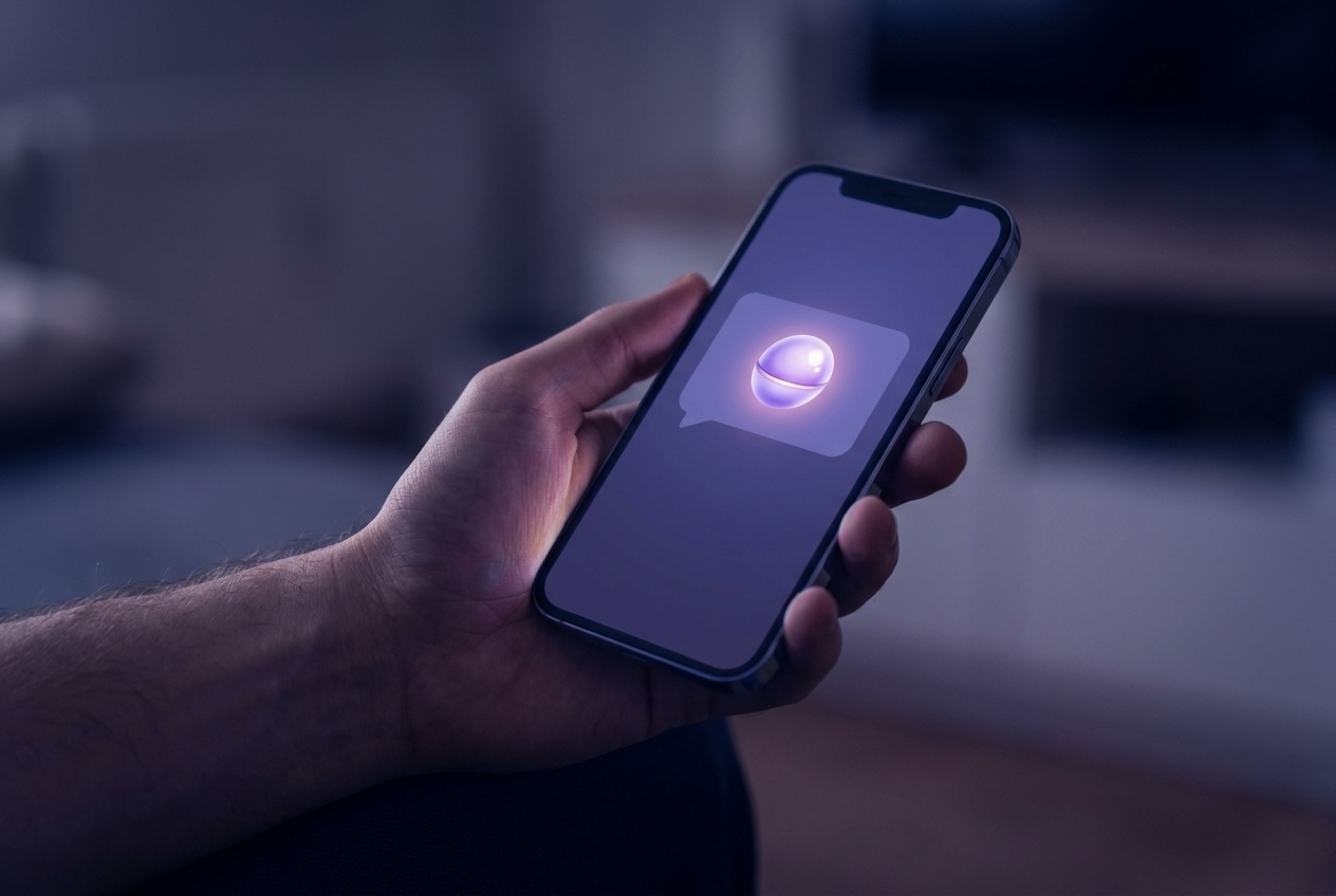 A smartphone screen glowing softly in a dim room, held in one hand, a gentle AI orb icon inside a chat bubble.