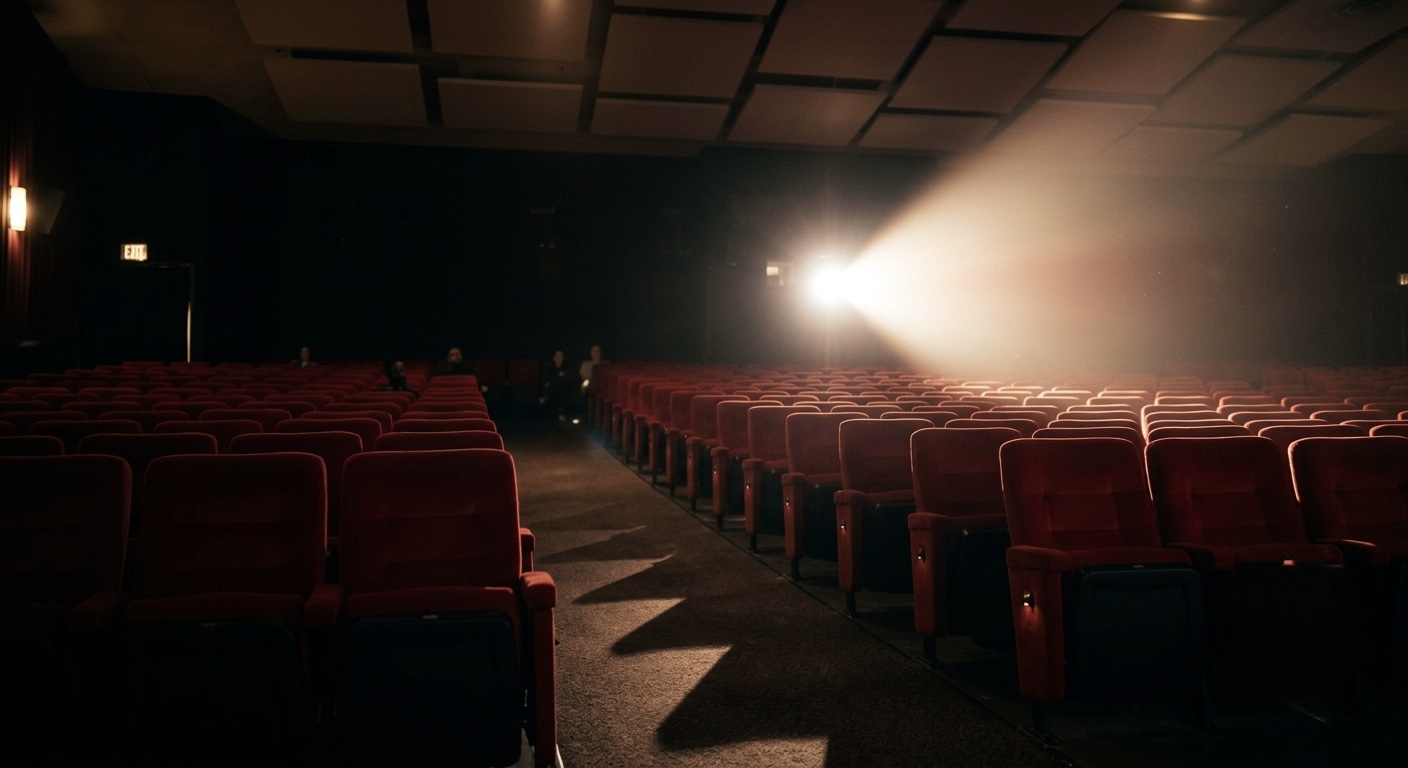 A dimly lit, mostly empty movie theater with a single spotlight on the screen.