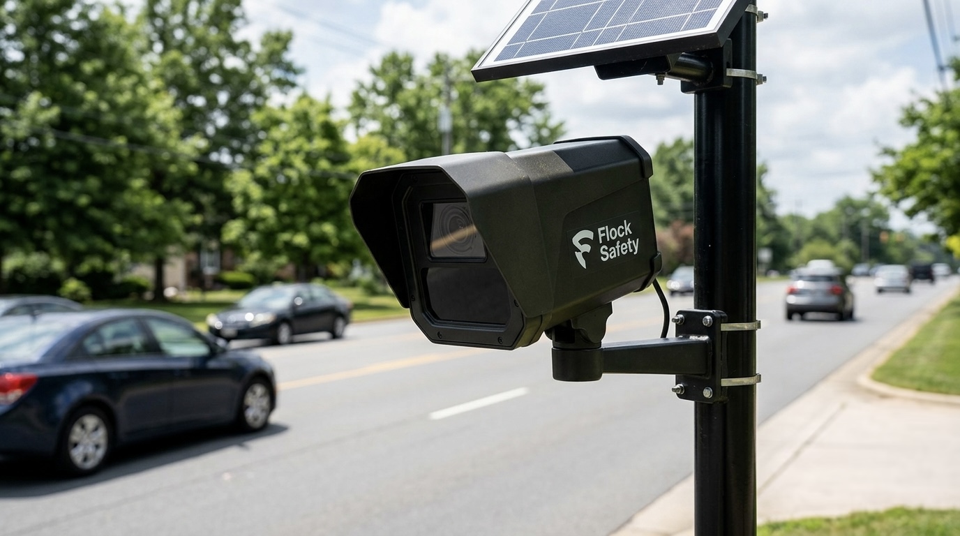 A Flock Safety license plate reader camera mounted on a black pole beside a suburban road, solar panel above it, cars passing in the background.