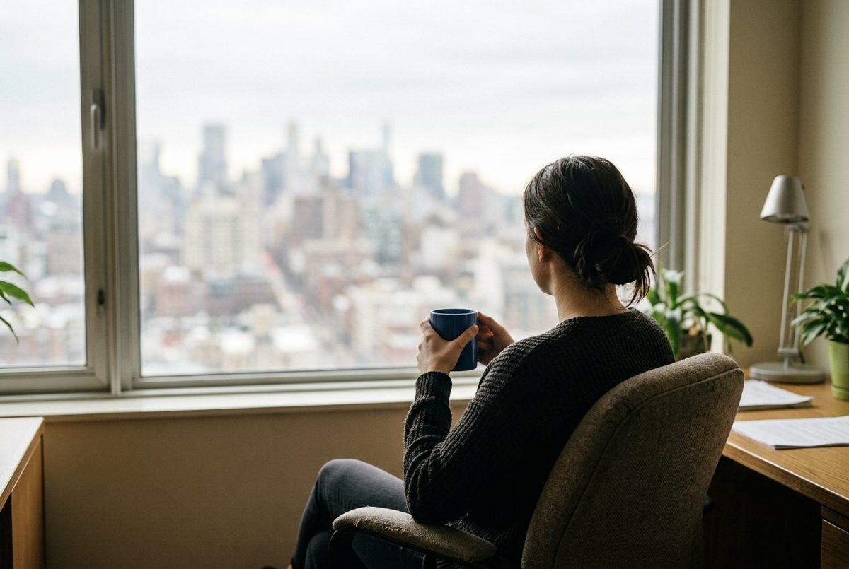 A person sitting by a bright office window with a cup of coffee, looking out calmly.