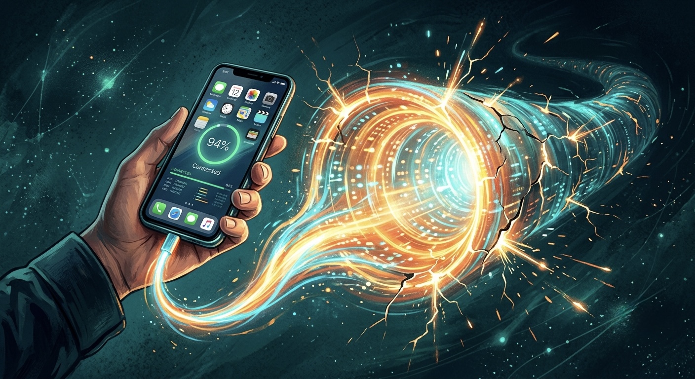 An editorial illustration of a smartphone connected to a glowing tunnel of light, with small streams of light leaking out through cracks in the tunnel wall, on a dark teal background.