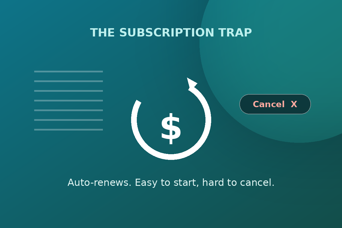 A teal graphic of a recurring-charge symbol with a dollar sign, captioned auto-renews, easy to start, hard to cancel.
