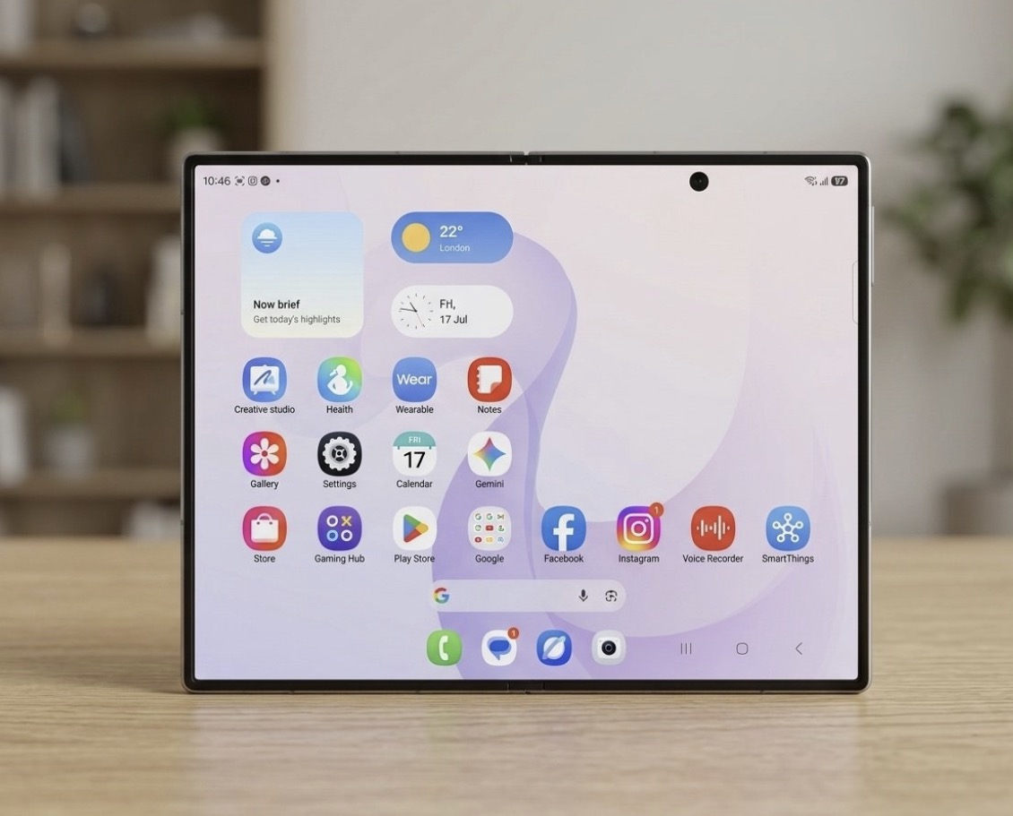 A Galaxy Z Fold8 style foldable tablet unfolded and standing upright on a wooden table, home screen visible, blurred bookshelf and plant in the background.