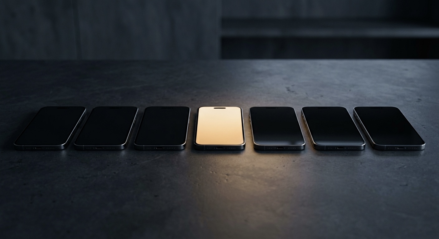 A row of smartphones on a table, one highlighted with a soft glow while the others sit in shadow.