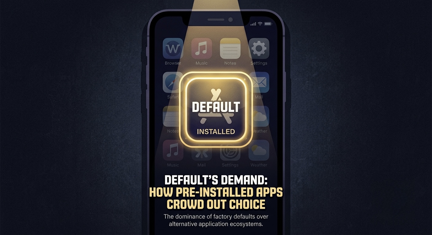 Editorial illustration of a phone home screen where one large app icon glows in the center under a spotlight while smaller, dimmer alternative icons sit in the shadows at the edges, showing how a pre-installed default crowds out the apps you could have chosen.