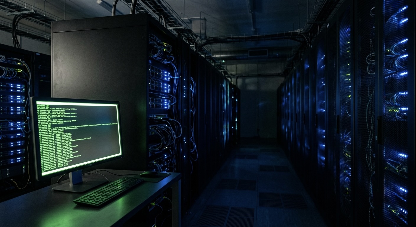 A dark data center corridor lined with server racks and blue indicator lights