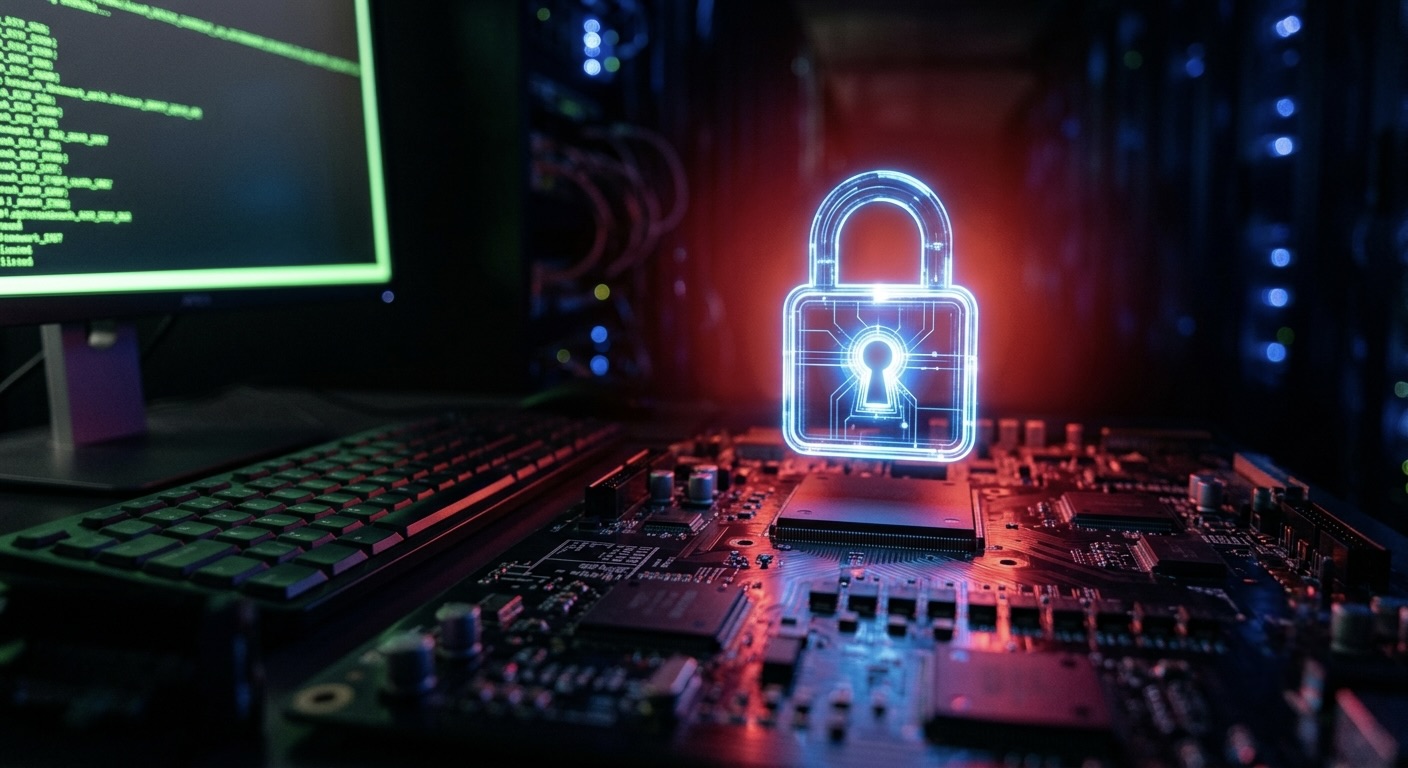 A glowing digital padlock hovering above a circuit board in a dark server room