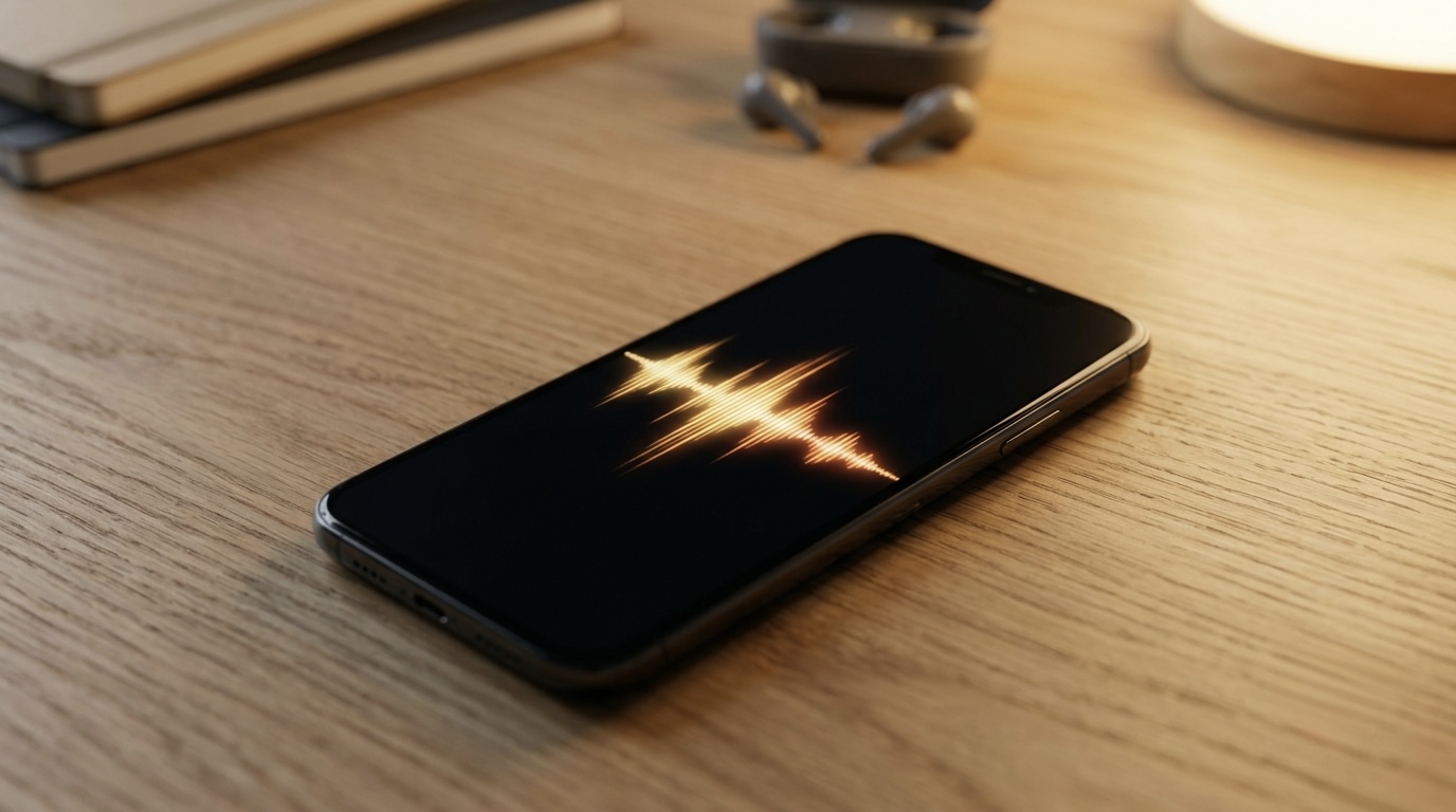 A smartphone on a desk showing a voice waveform interface, suggesting an active AI voice conversation.