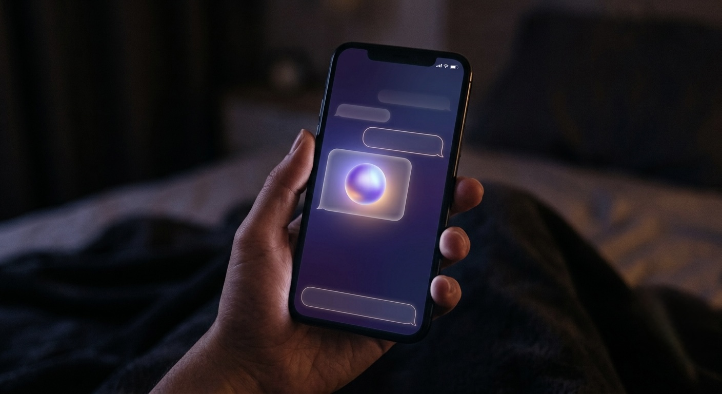 A smartphone screen showing a chat bubble conversation with a soft glowing AI icon, held by a hand, in a dim room.