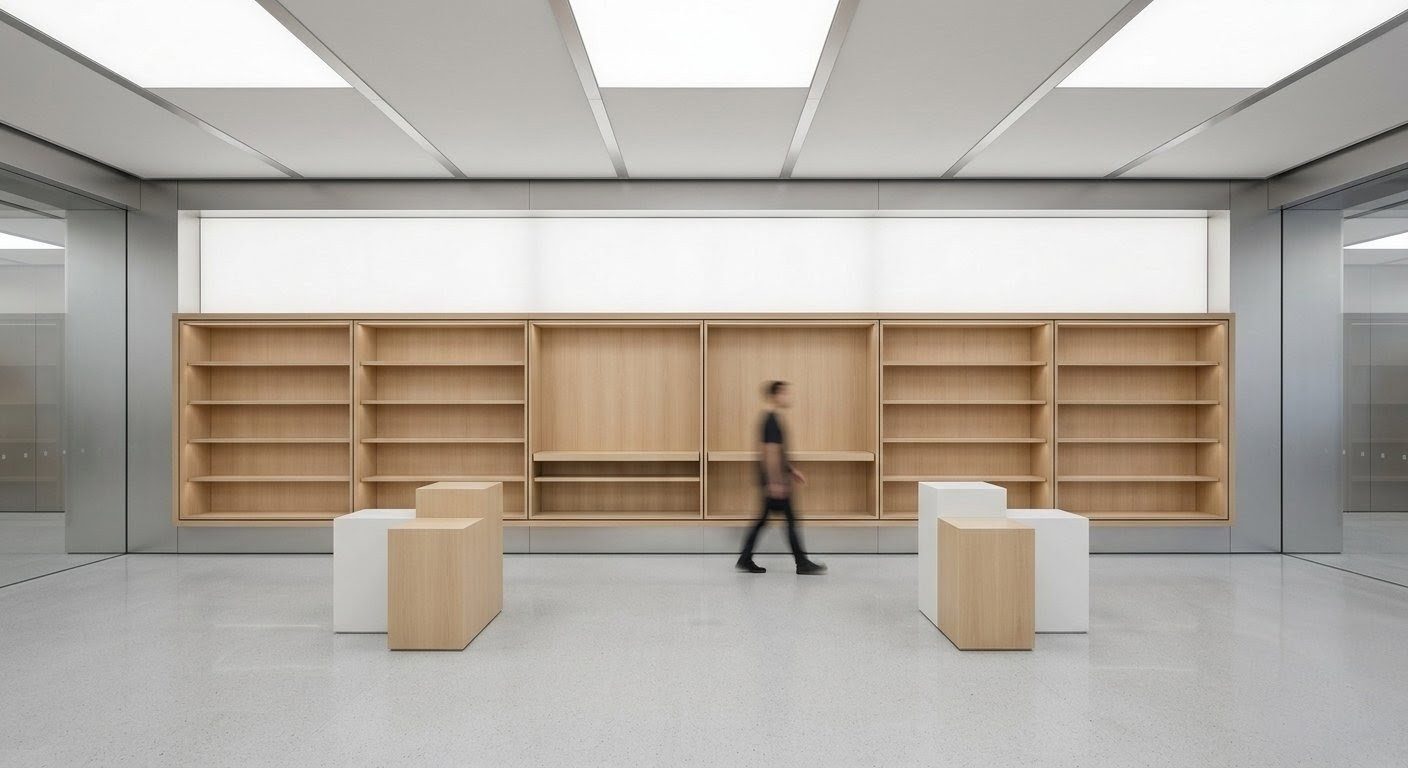 A minimalist retail interior with empty pale wood shelving bays and display plinths, a blurred person walking past.