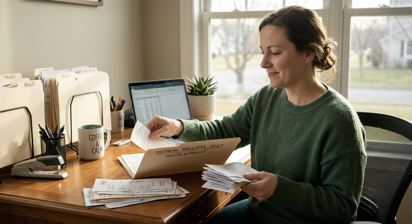 A realistic photo of a person filing a small stack of medical receipts into a folder, organized and calm, warm light.