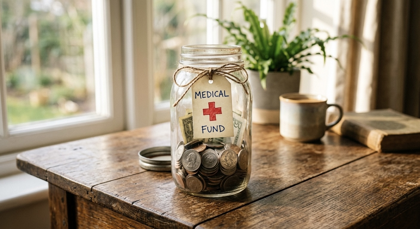 A savings jar for health and future with coins and a small medical cross, warm light.