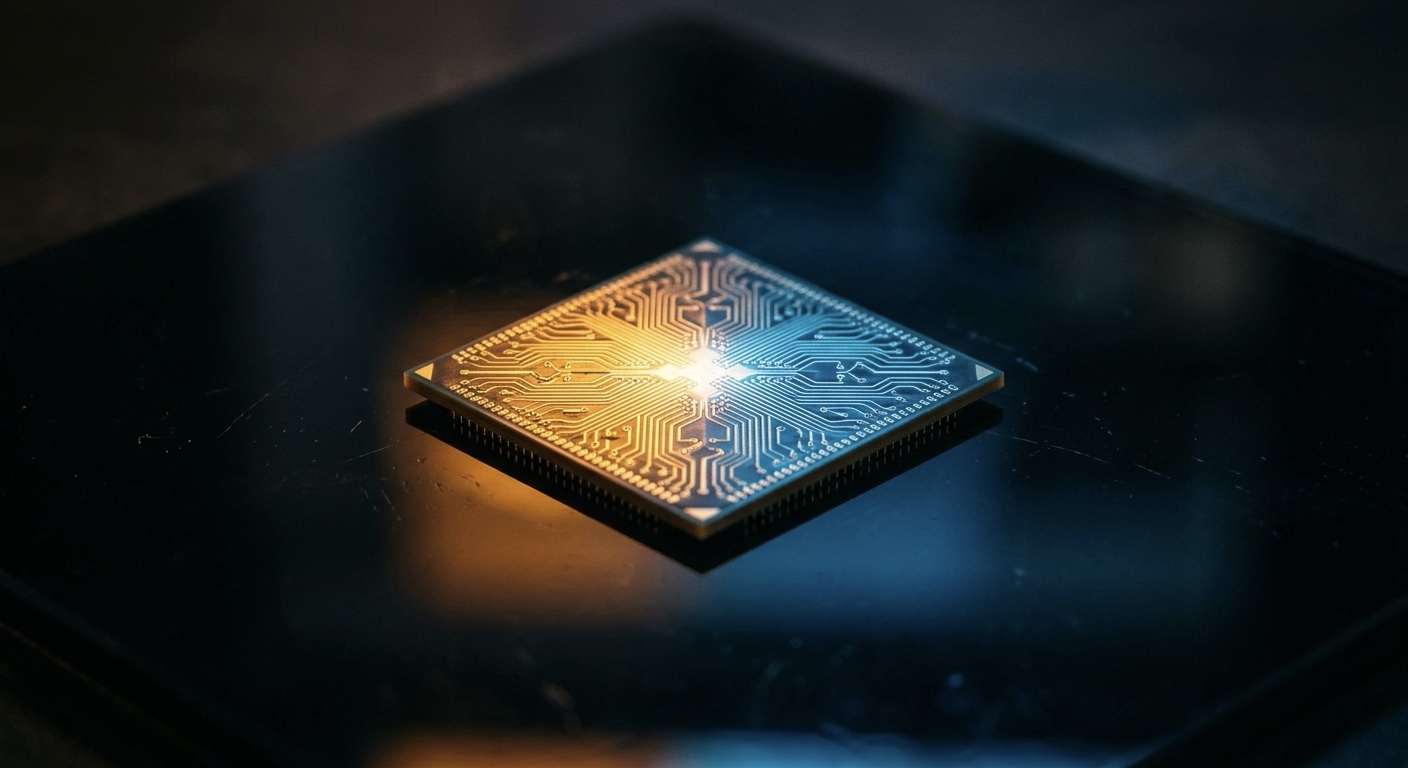 A single glowing microchip on a dark reflective surface, warm amber light on one side and cool blue light on the other.
