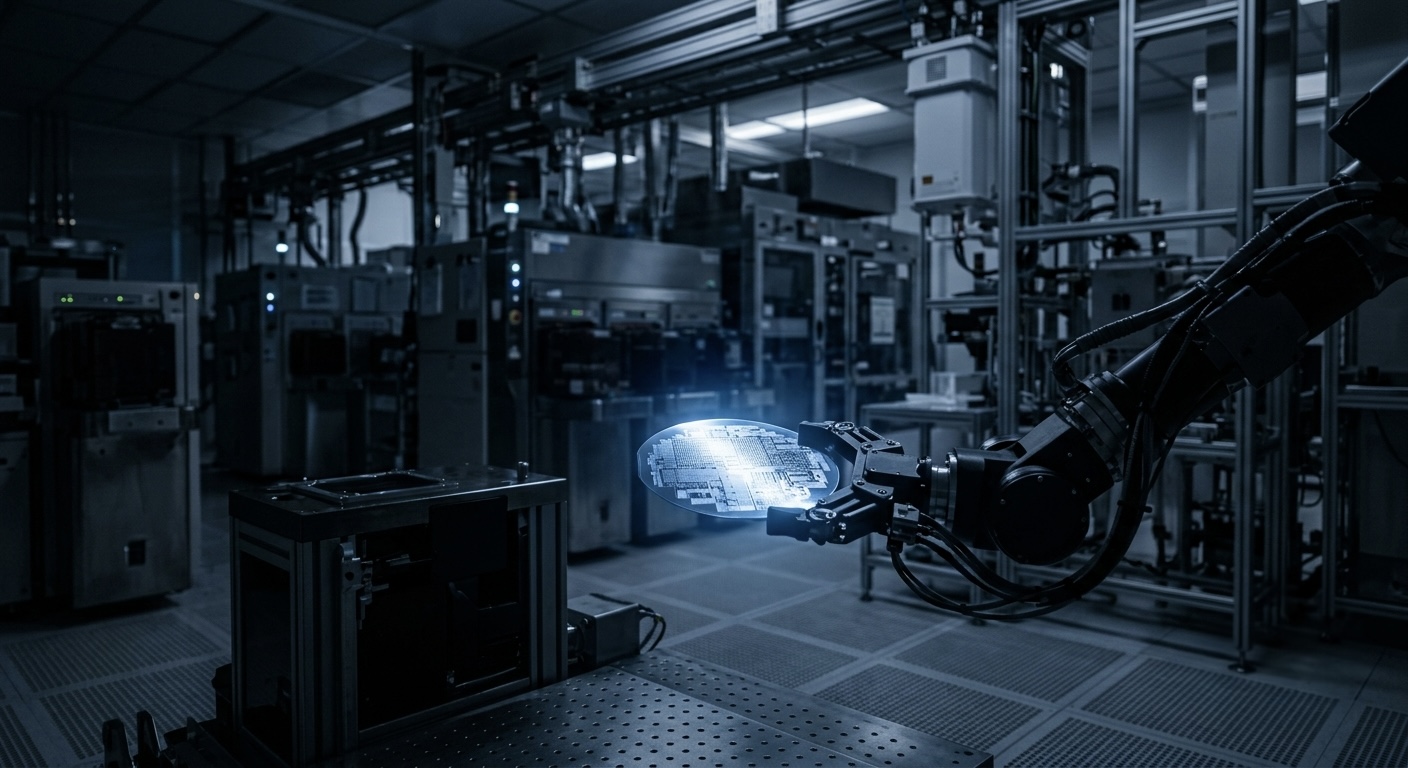 A robotic arm in a semiconductor clean room holding a silicon wafer that catches a soft blue-white light.