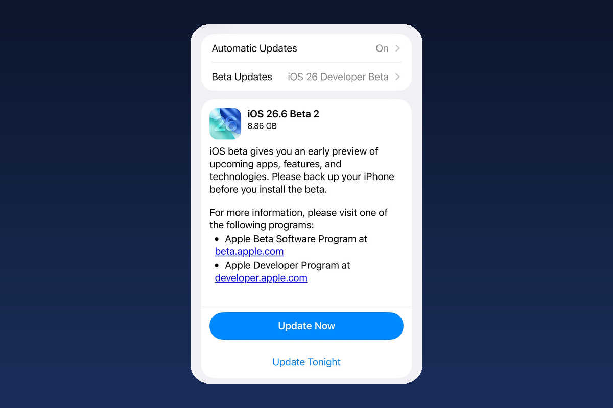 The iPhone Software Update screen showing iOS 26.6 Beta 2 at 8.86 GB on the iOS 26 Developer Beta channel, on a dark blue gradient.