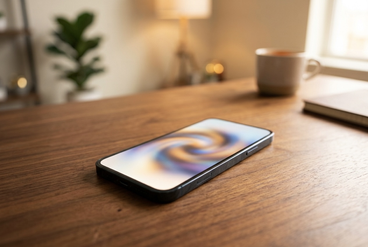 A modern iPhone lying face up on a warm wooden desk with a soft glowing search icon on screen, blurred background, no readable text.