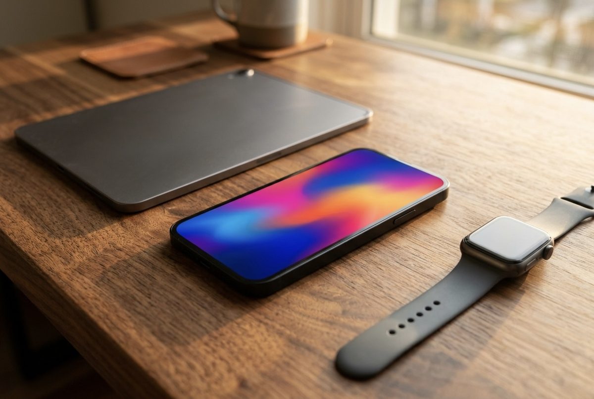 An iPhone on a desk at golden hour showing a colorful abstract lock screen, with an Apple Watch and iPad beside it.