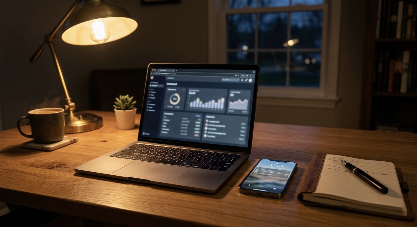 A laptop and a smartphone side by side on a desk, both showing soft blurred generic interface glow, a notebook and pen nearby, warm desk lamp light.