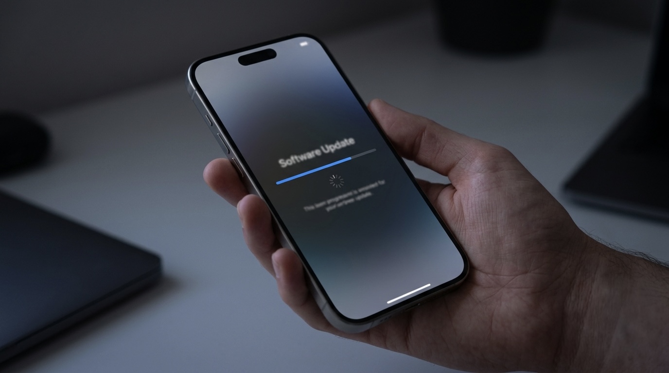 A smartphone showing a software update progress screen on a dark background, held loosely in one hand, soft indoor lighting, no visible logos or readable text.