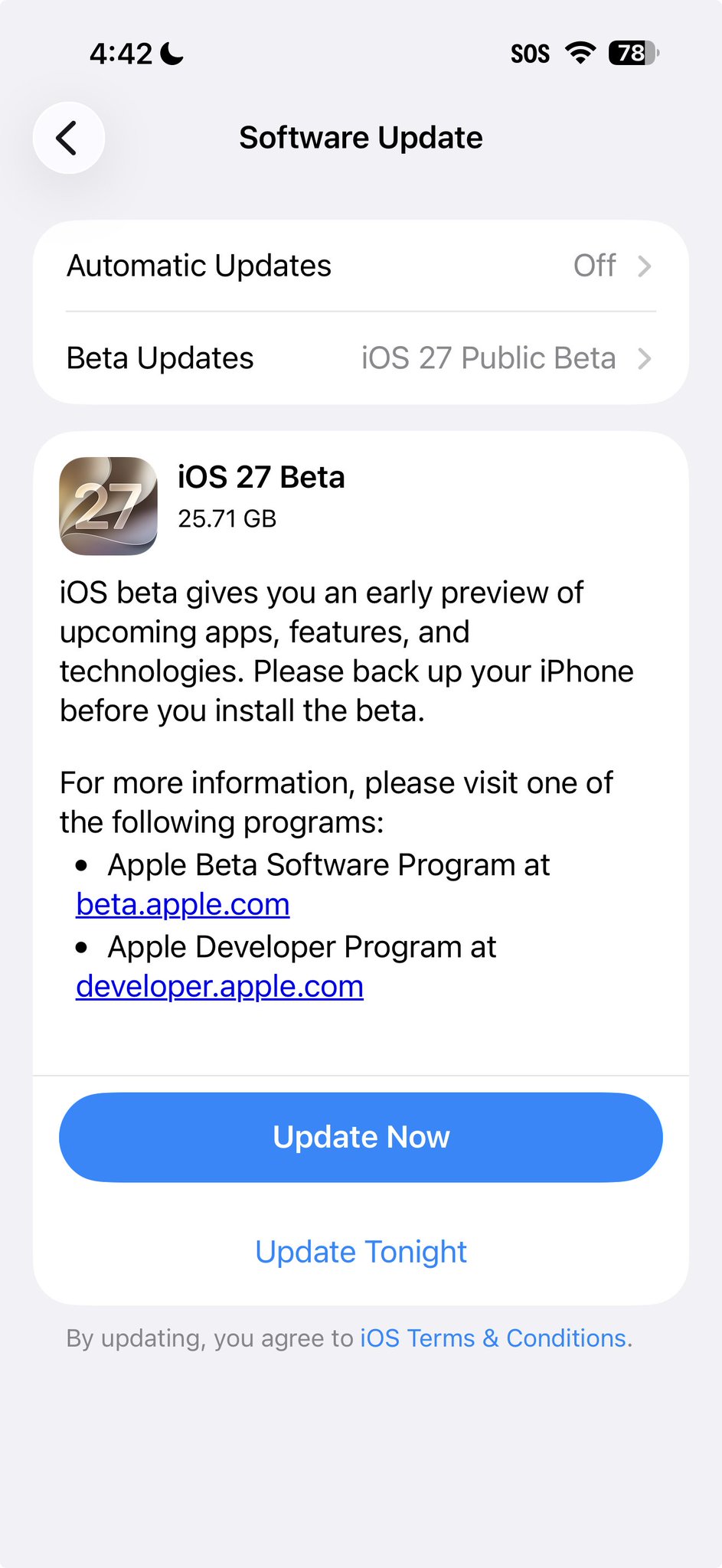 The iOS 27 Public Beta install screen in Settings, showing the 25.71 GB download alongside Update Now and Update Tonight.