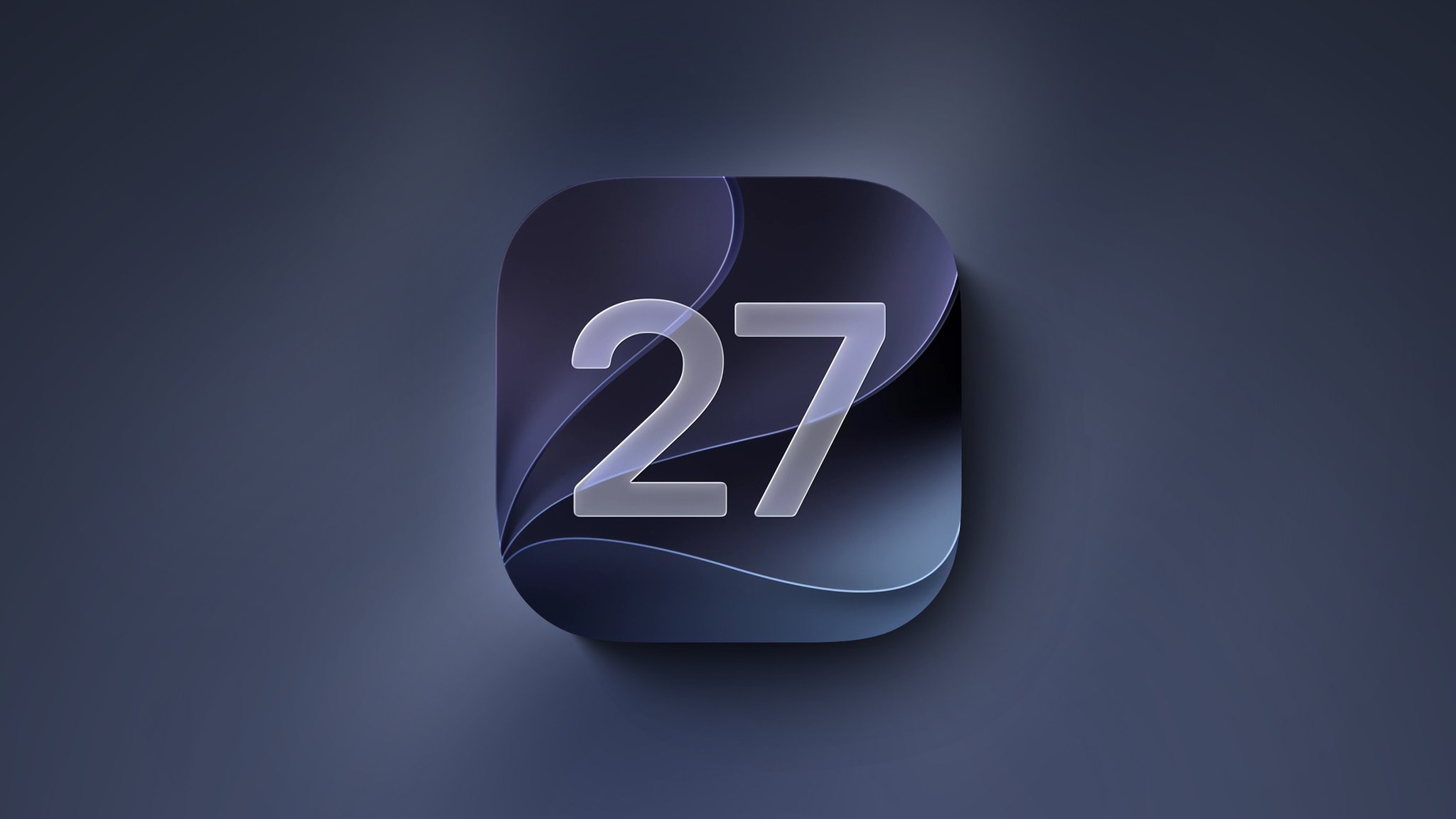 The iOS 27 logo, a glassy number 27 rendered on a dark gradient background.