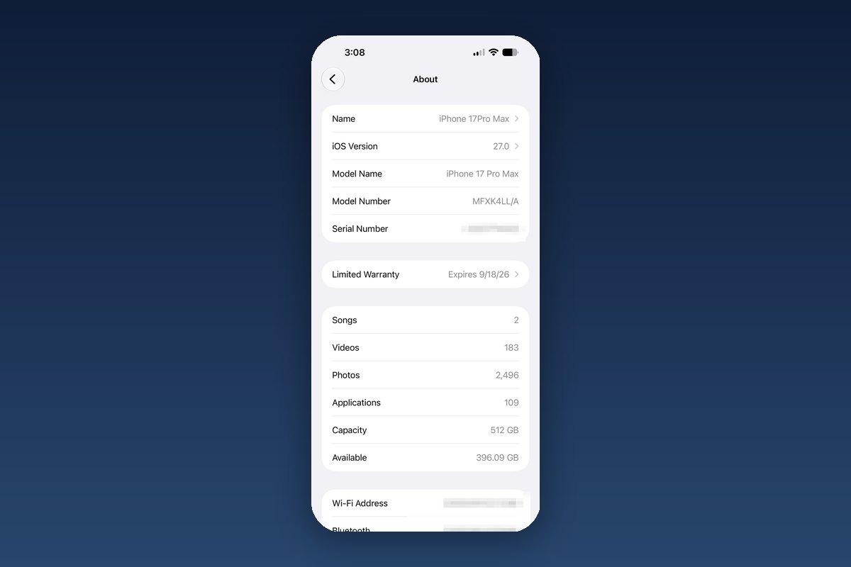 The iPhone About screen showing iOS Version 27.0, on a dark gradient.