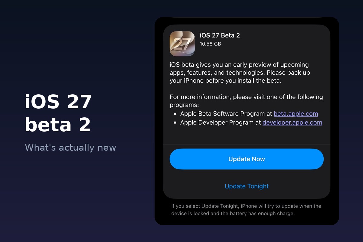 The iOS 27 Beta 2 software update card at 10.58 GB, with Update Now and Update Tonight buttons, on a dark blue background titled iOS 27 beta 2.