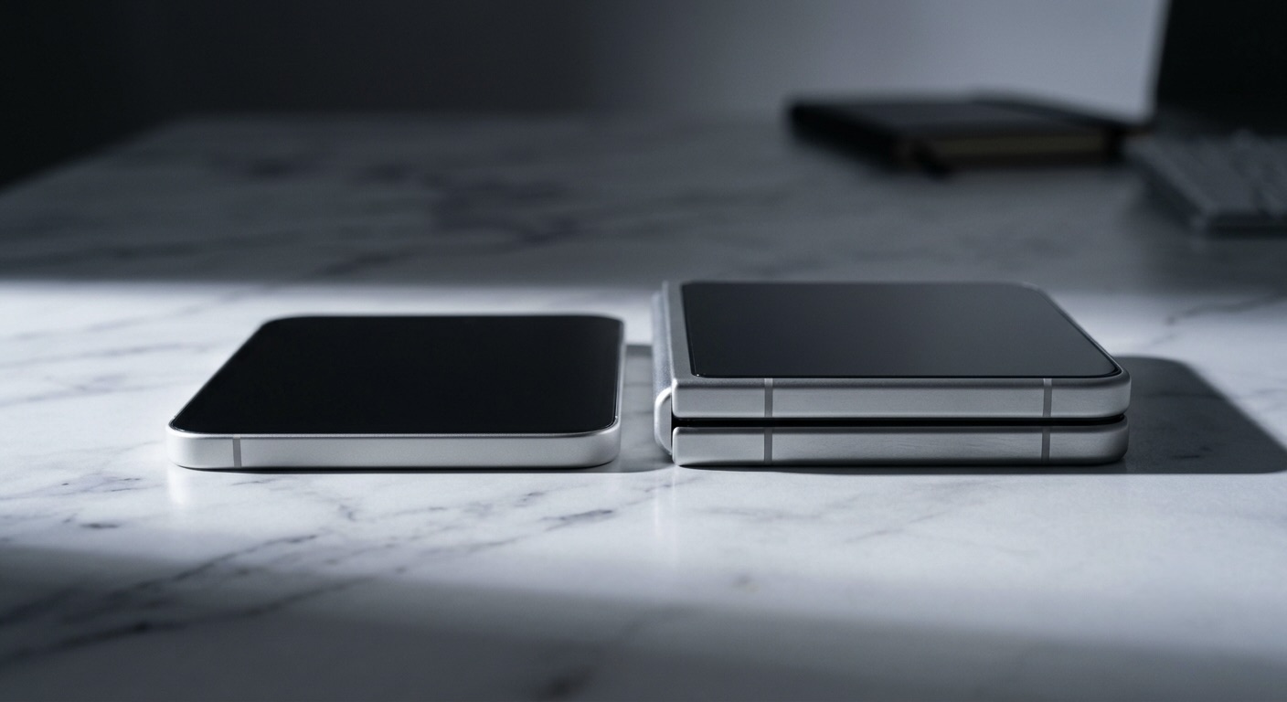 A folded smartphone next to a standard smartphone on a marble surface, comparing thickness