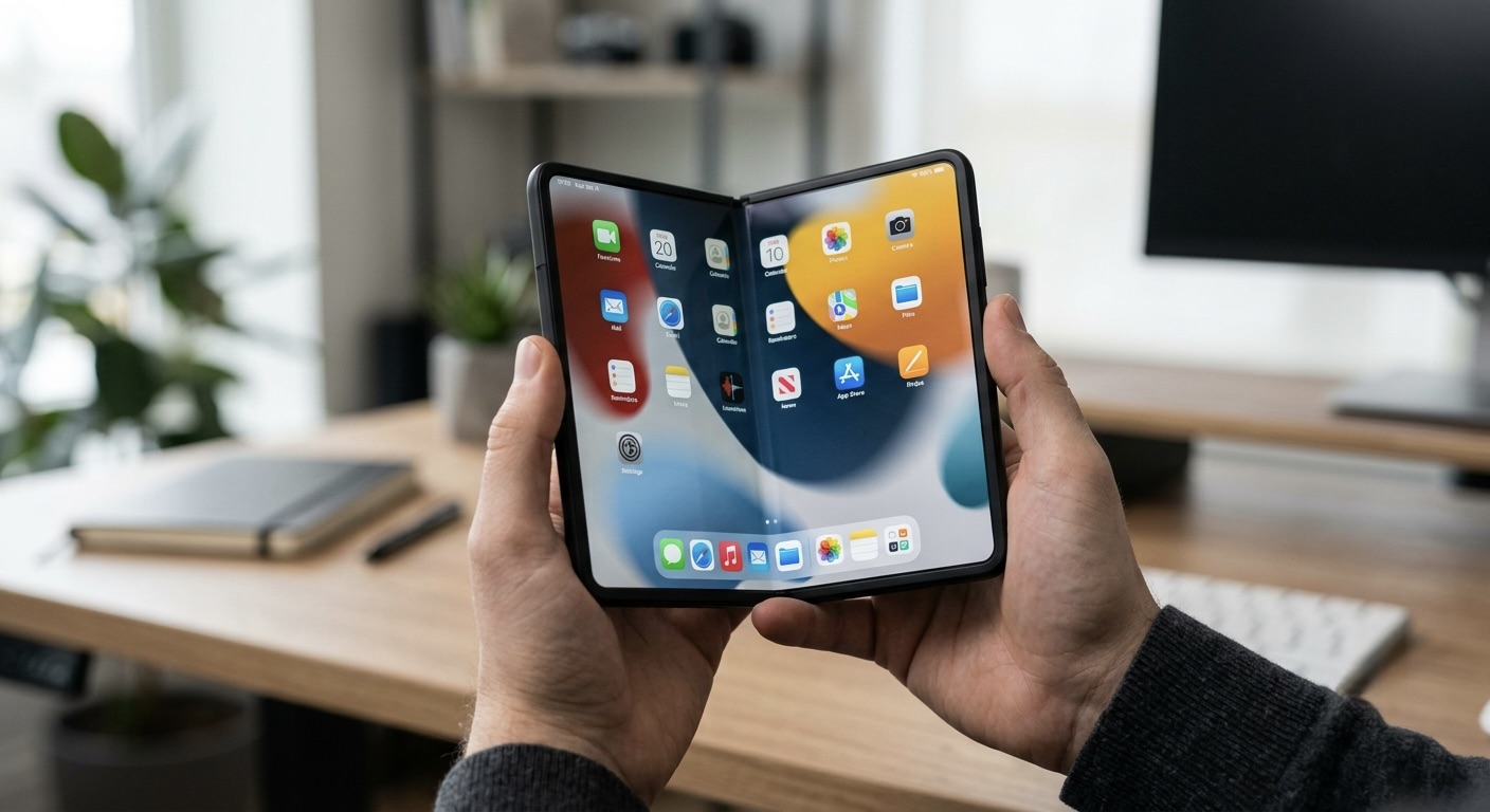 A passport style foldable smartphone concept opened at 90 degrees in someone's hands