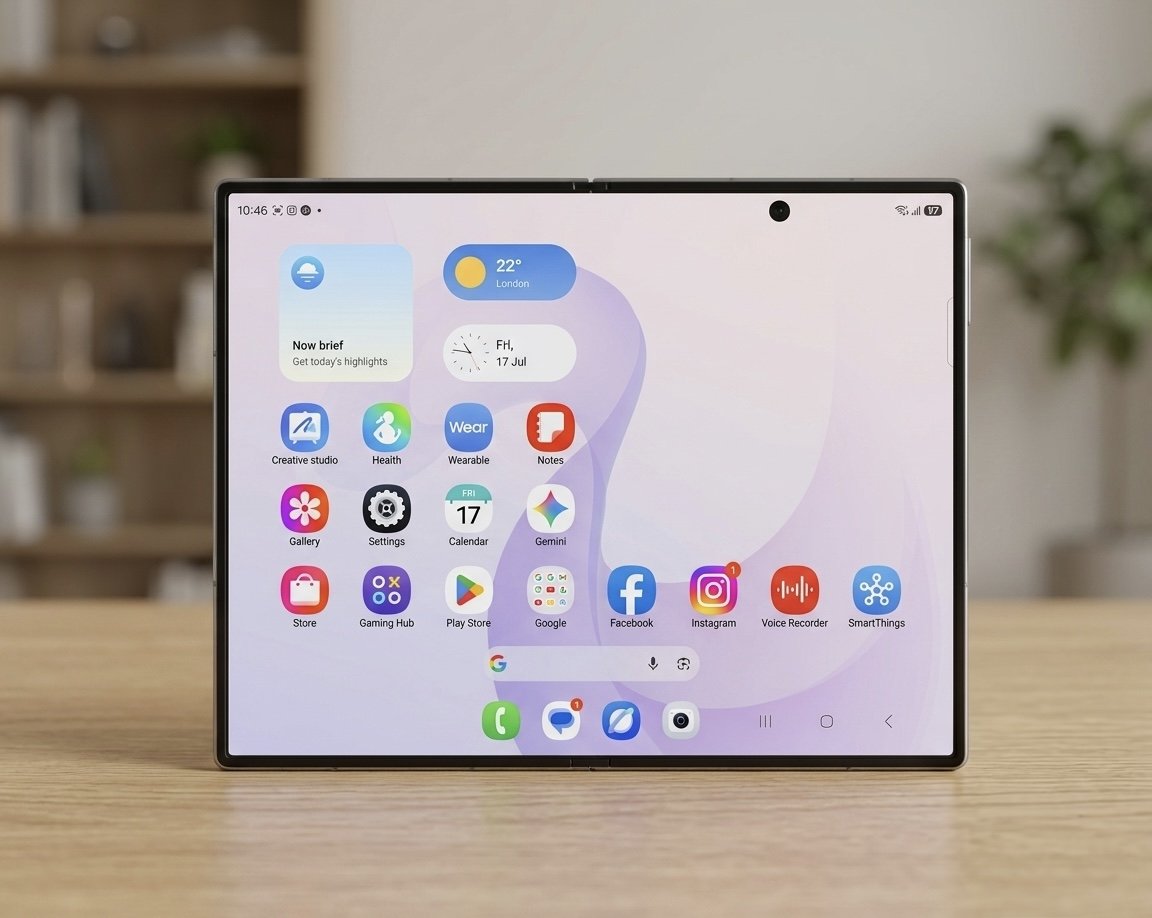 A folding smartphone shown half open on a desk, the hinge and screen crease visible in soft studio lighting.