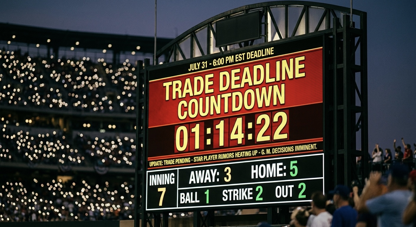 Baseball scoreboard showing trade notification, stadium lights blurred in background