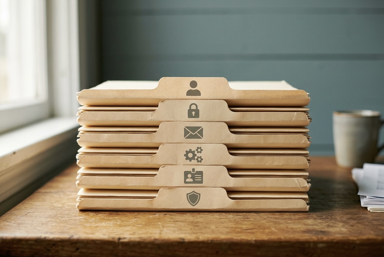 A stack of manila folders on a desk, each labeled with abstract personal-data icons, softly lit.