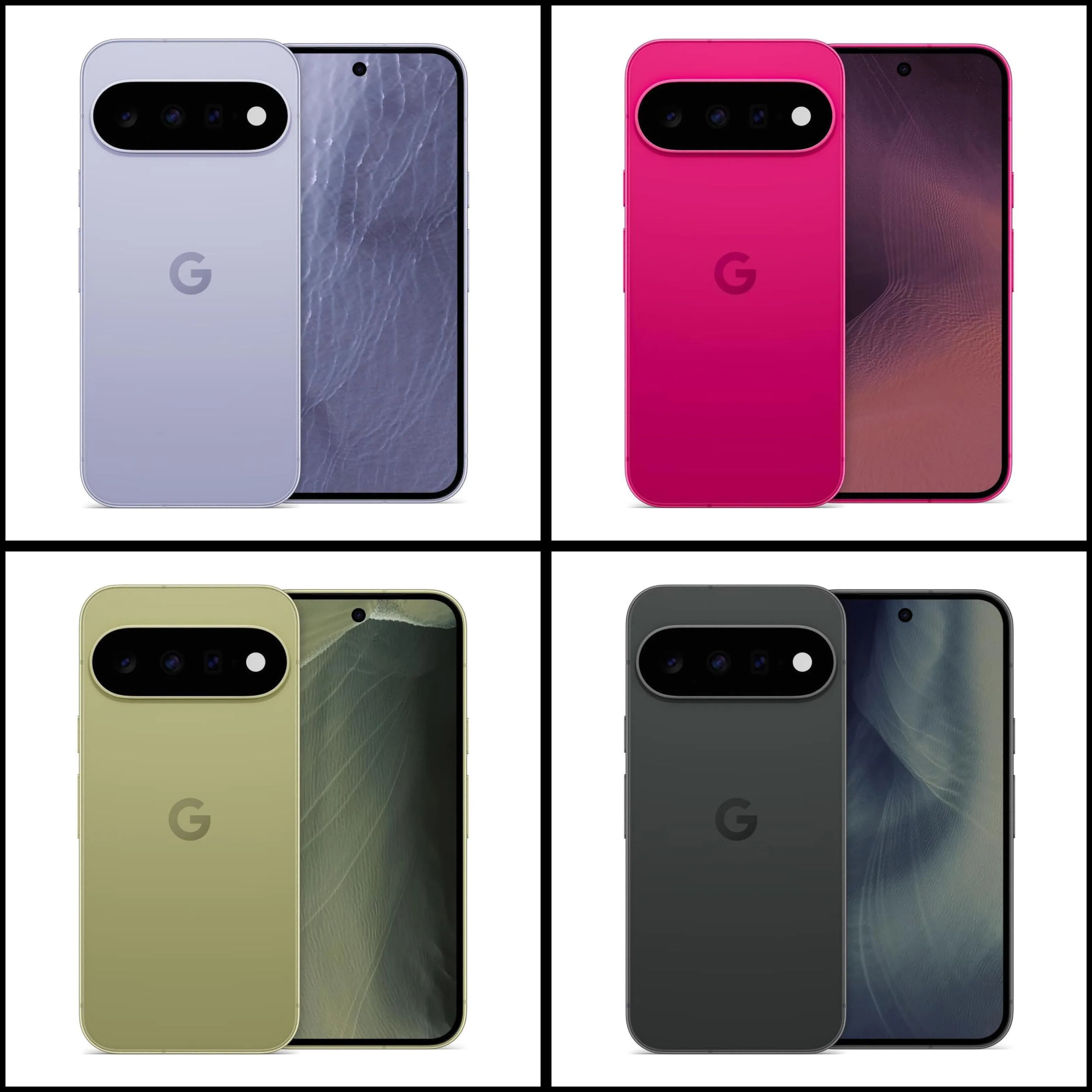 Leaked Pixel 11 renders in four colorways, Midnight, Fuchsia, Moss, and Sterling, showing the camera bar and glossy glass back.