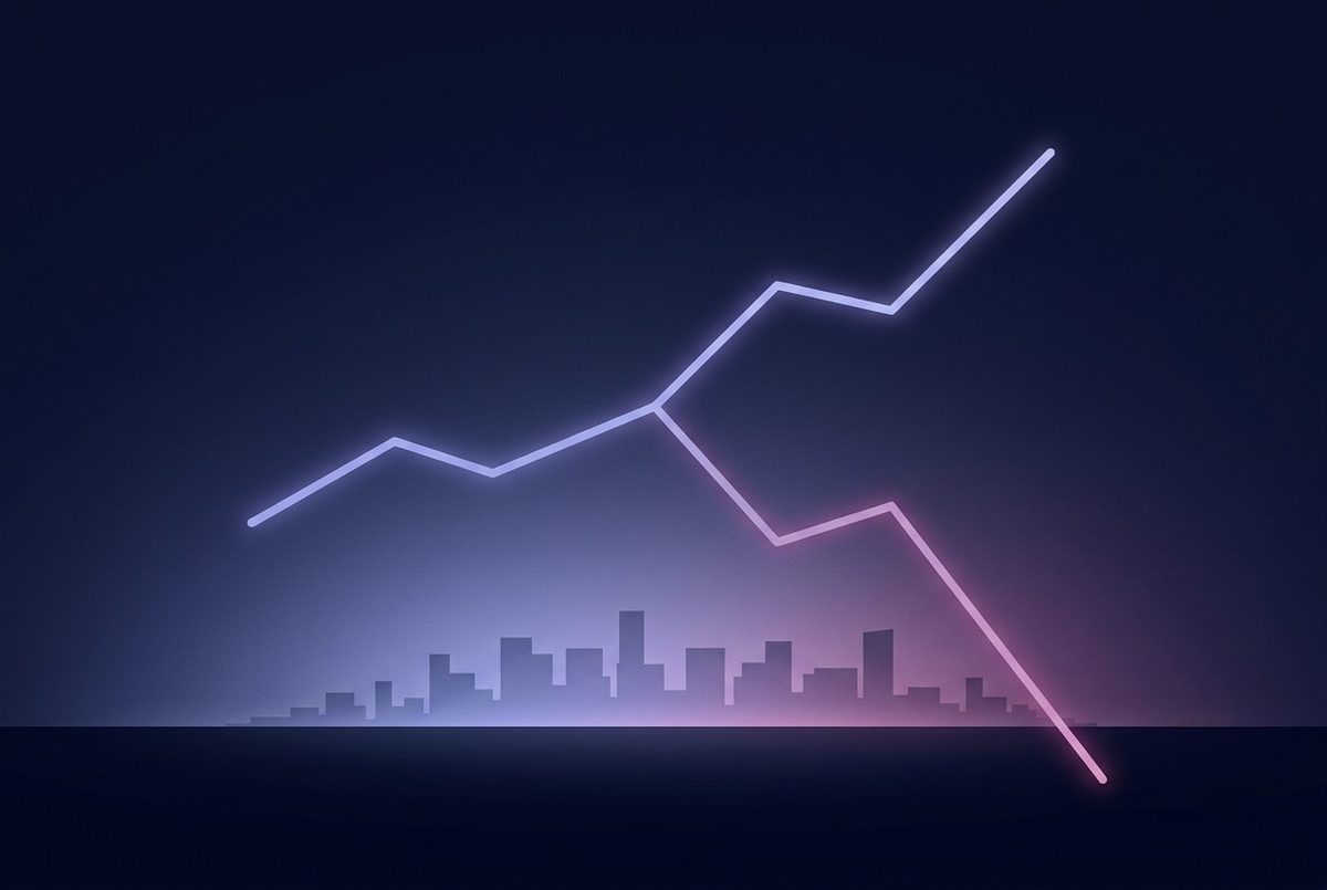 A neon line chart, one branch rising and one falling, over a faint city skyline.