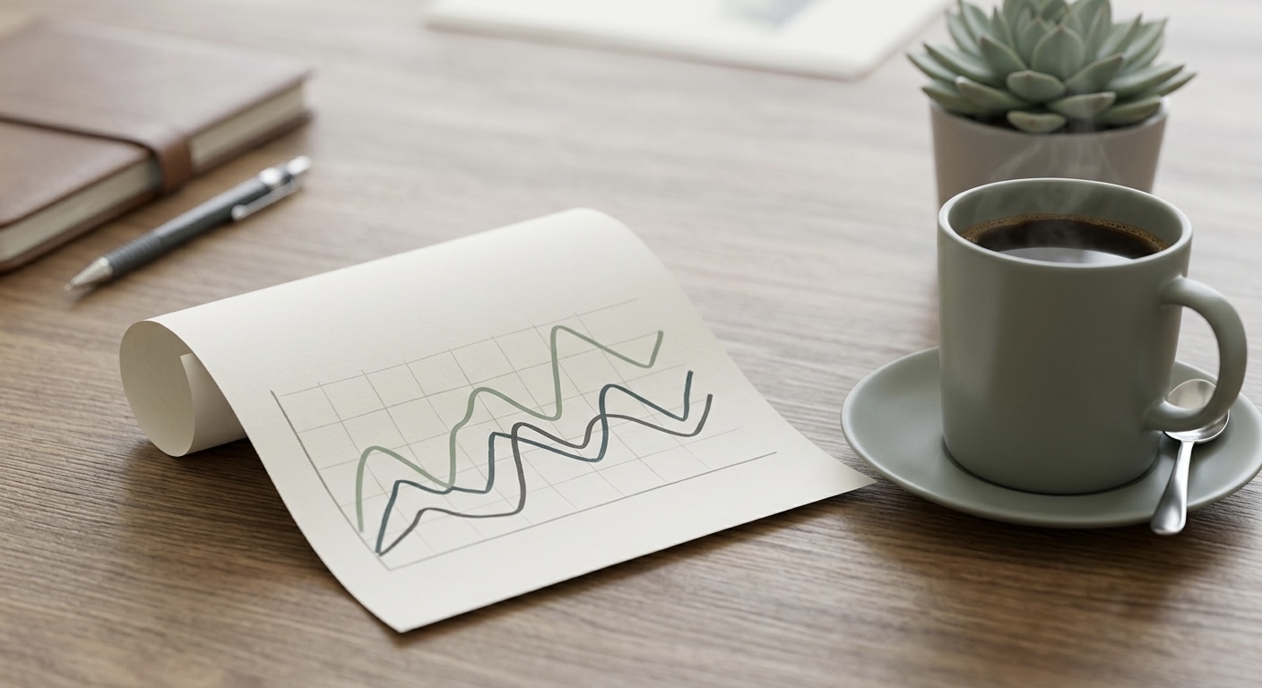 A simple line chart rendered as a physical object, a printed graph on paper curling slightly on a desk beside a cup of coffee, soft overhead light, muted green and neutral tones.