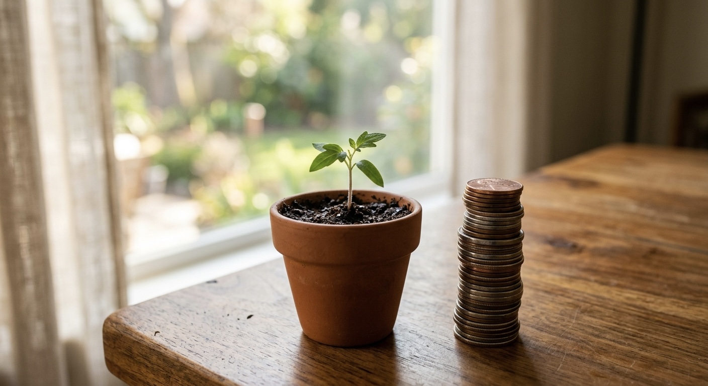 A calm still life of a small potted seedling next to a stack of coins on a wooden table, soft natural window light, shallow depth of field.