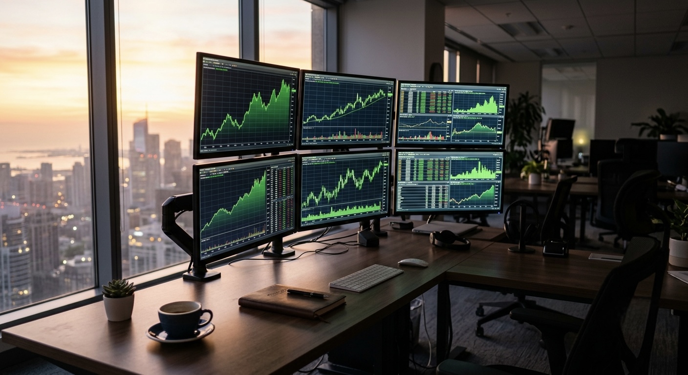 A trading desk at sunrise with multiple monitors showing green upward trending stock charts, a city skyline in the background.