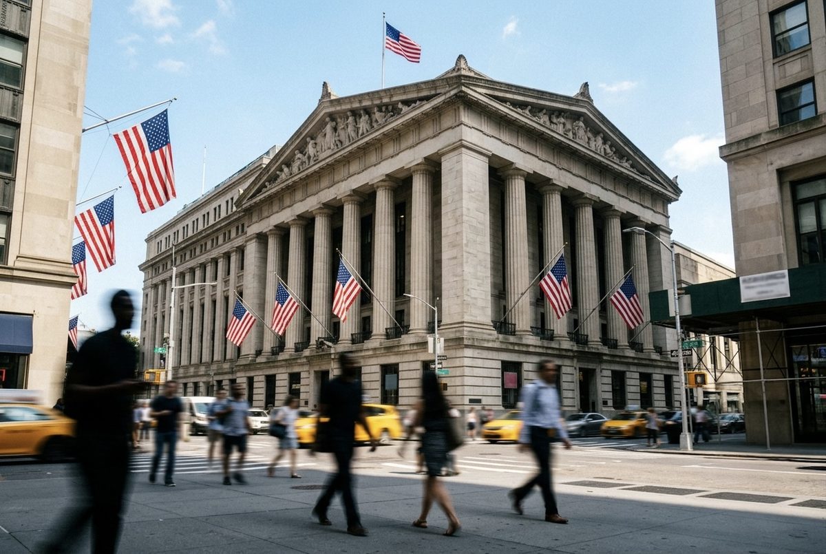The New York Stock Exchange building exterior with American flags on a bright summer day.