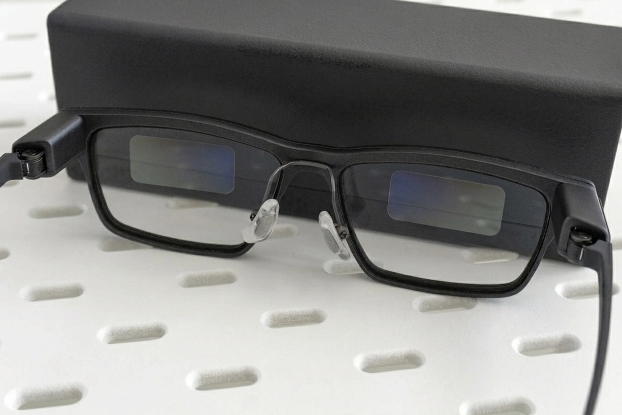 MemoMind One AI glasses resting on their charging case, lenses showing faint blue reflections from the built-in waveguide displays.