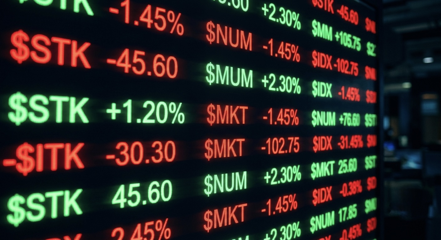 A stock market ticker display showing red and green numbers, close-up, with soft motion blur.