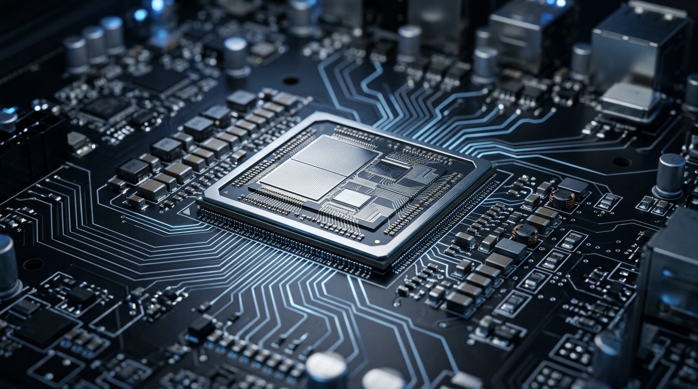 A close-up of a custom AI accelerator chip on a data center server board, blue circuit lines glowing faintly.