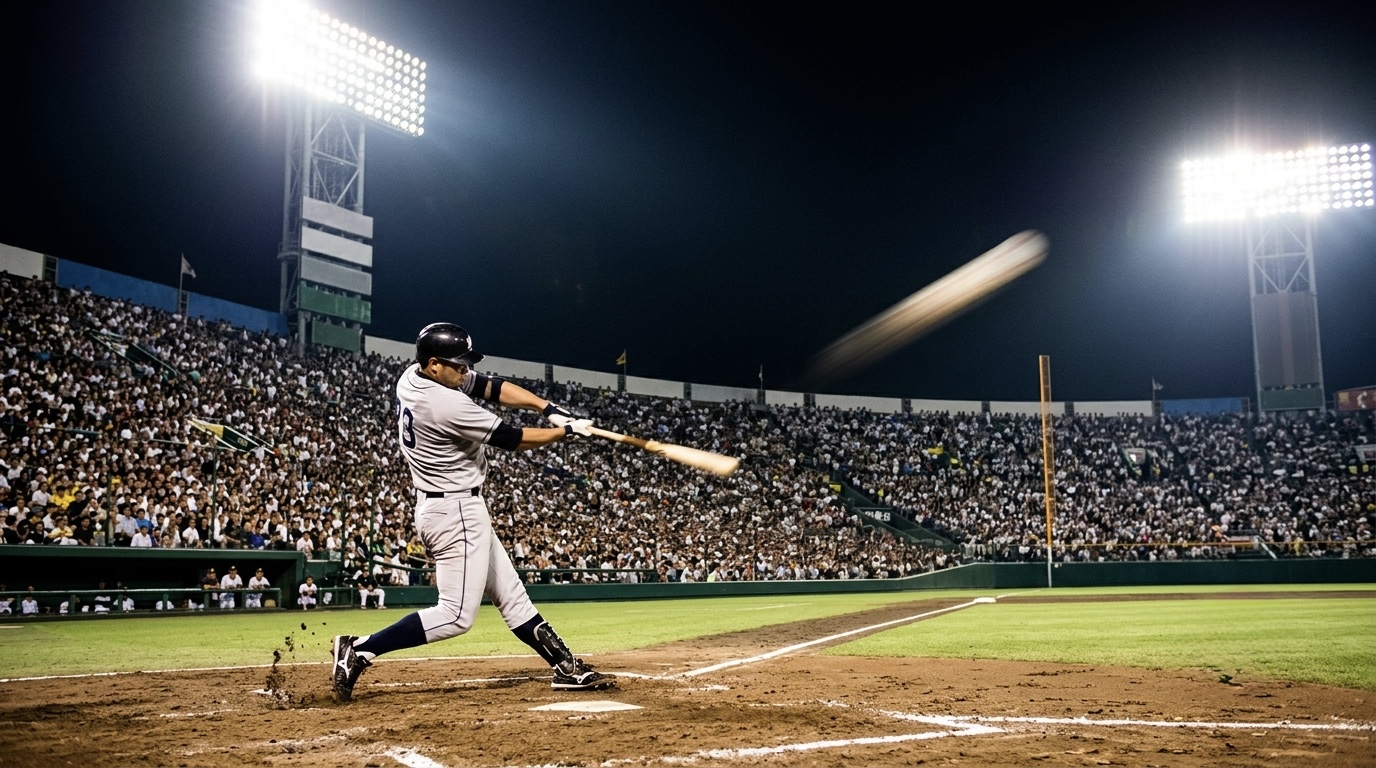 A baseball player mid-swing under stadium lights, ball rocketing off the bat toward the outfield seats.