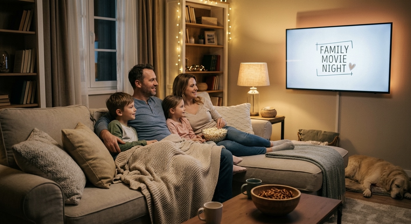 A realistic photo of a family at home watching an animated film on a TV, cozy living room, no on-screen content visible, warm light.